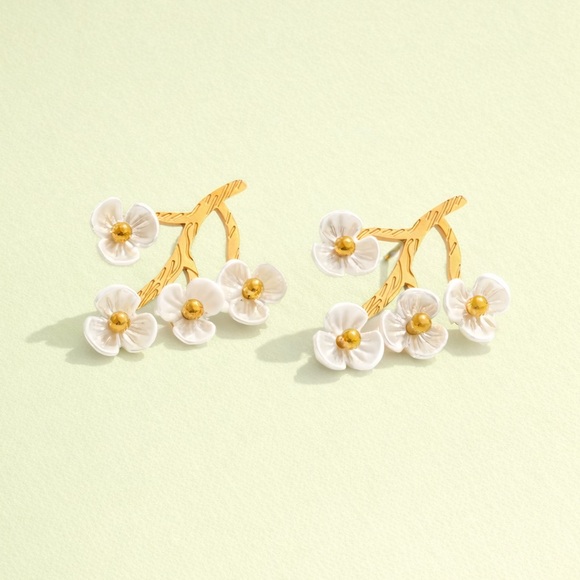 Delicate Cherry Blossom Gold Statement Earrings - Picture 17 of 17